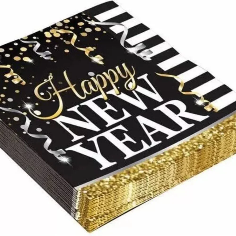 Forum Novelties Happy New Year Beverage Napkins 16ct - Black Gold 5x5